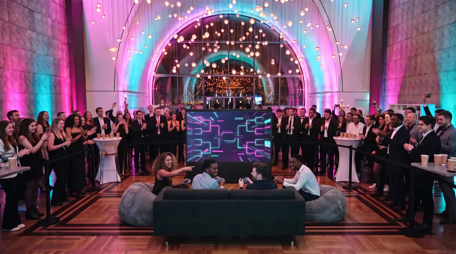 Nachts im Lichterkuppel-Foyer der Flora: vier Gäste spielen auf Sofas gegeneinander, auf der großen Leinwand ein leuchtender Turnierbaum in Magenta und Cyan, das Publikum steht im Kreis drumherum